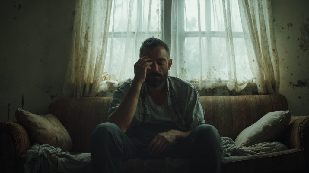 A man sits on a worn-out sofa in a dimly lit room, holding his head in one hand. 