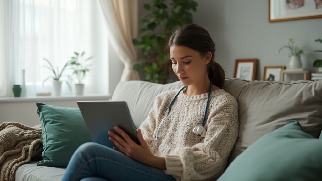 A woman with a stethoscope around her neck sits on a couch, focused on a tablet. Shes wearing a cozy sweater, surrounded by cushions, and the room is softly lit with plants and framed pictures in the background.