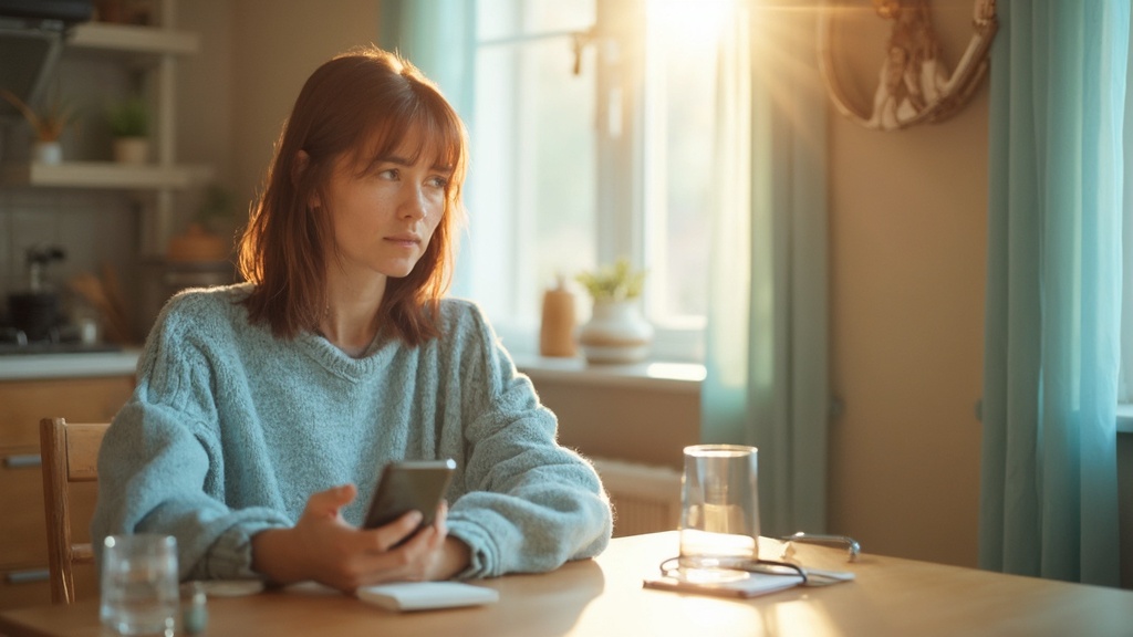 A woman with red hair sits at a kitchen table, holding a smartphone and looking pensively out the window. Sunlight streams in, illuminating her and the cozy kitchen setting. There's a notepad and glass of water on the table.