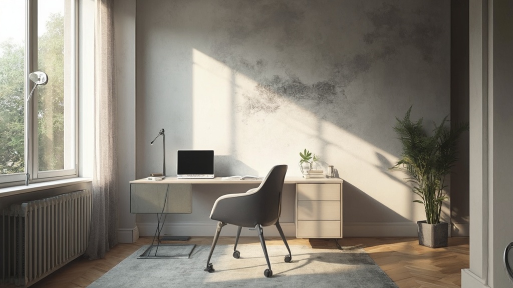 A minimalist home office with a laptop on a desk, a chair, a potted plant, and a floor lamp.