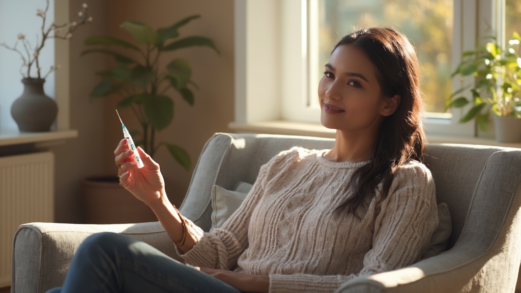 A woman with long dark hair sits on a gray armchair near a window, holding an injection.