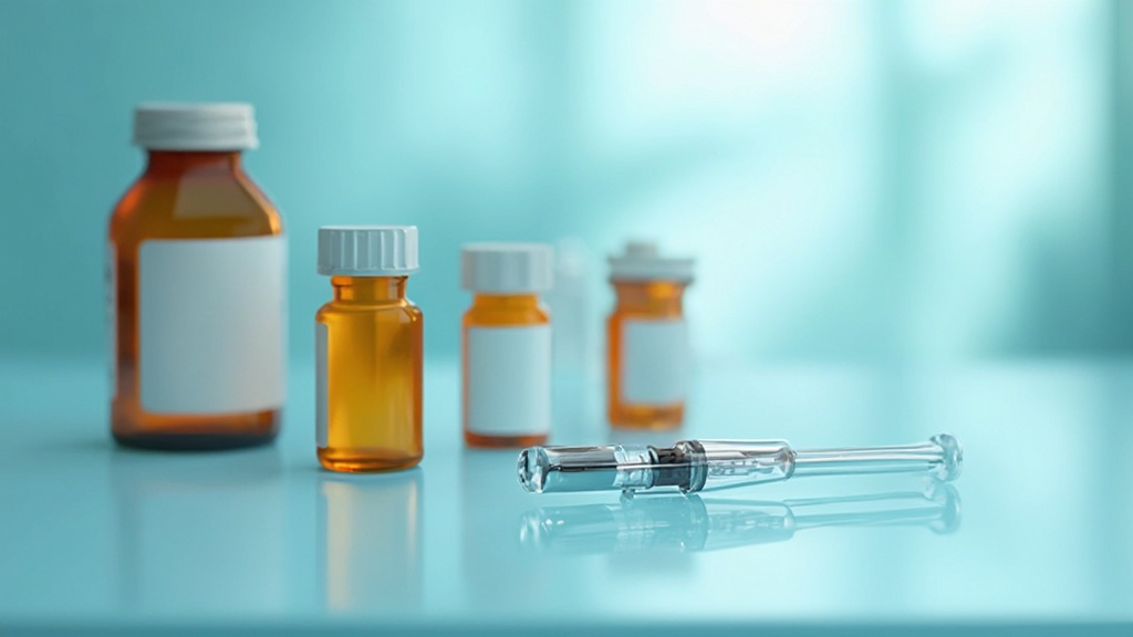 A reflective surface displays a syringe and four brown medicine bottles with white caps, set against a soft, blurred background in shade of blue.