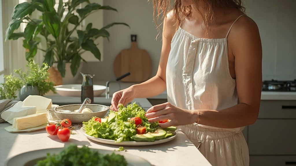 Woman in a sunlit kitchen preparing a salad with fresh lettuce, tomatoes, and cucumbers. A plant, kitchen utensils, and herbs are in the background, creating a cozy and inviting atmosphere.