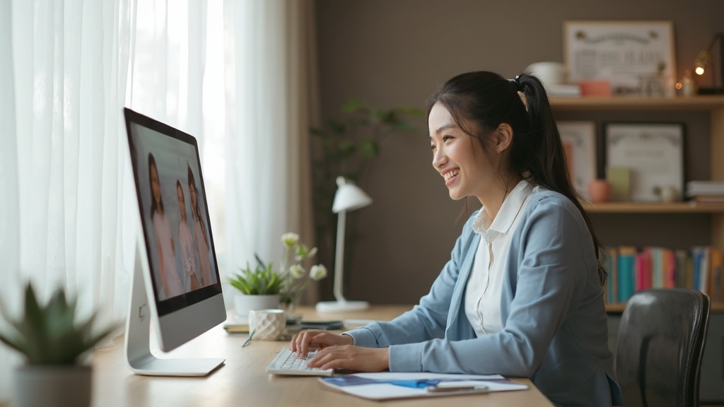 A woman in a blue sweater smiles while video chatting on a desktop computer in a home office. 