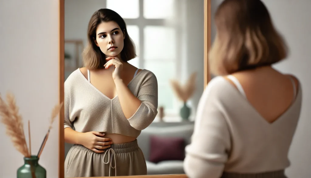 A woman with shoulder-length hair is standing in front of a mirror, wearing a beige top and drawstring pants.