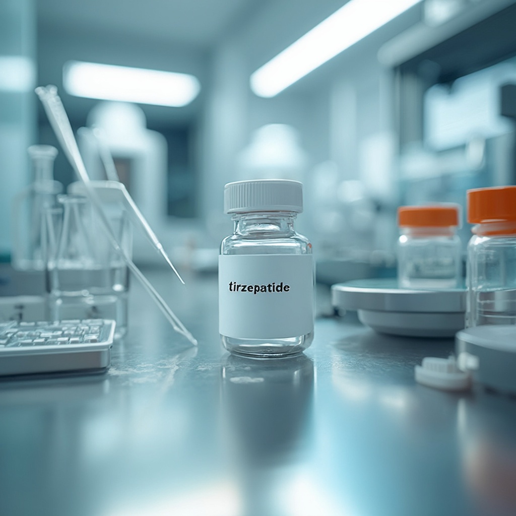 A glass vial labeled tirzepatide is on a reflective laboratory countertop, surrounded by various lab equipment.