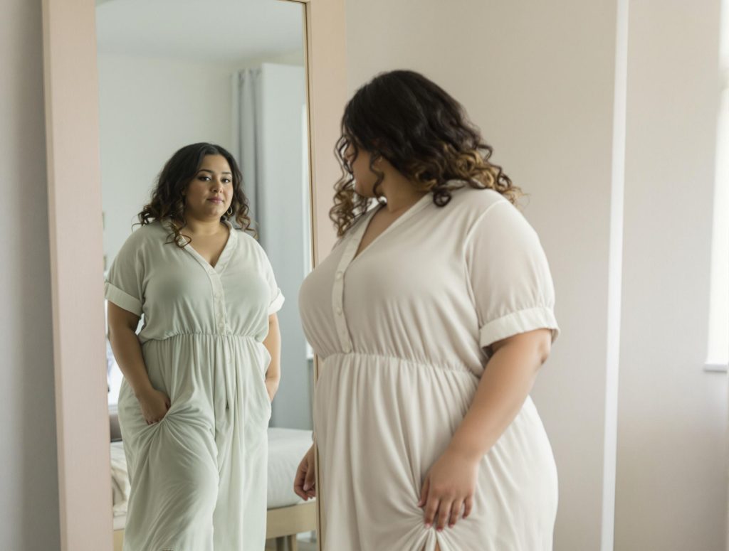A woman standing in front of a mirror, wearing a light-colored dress.