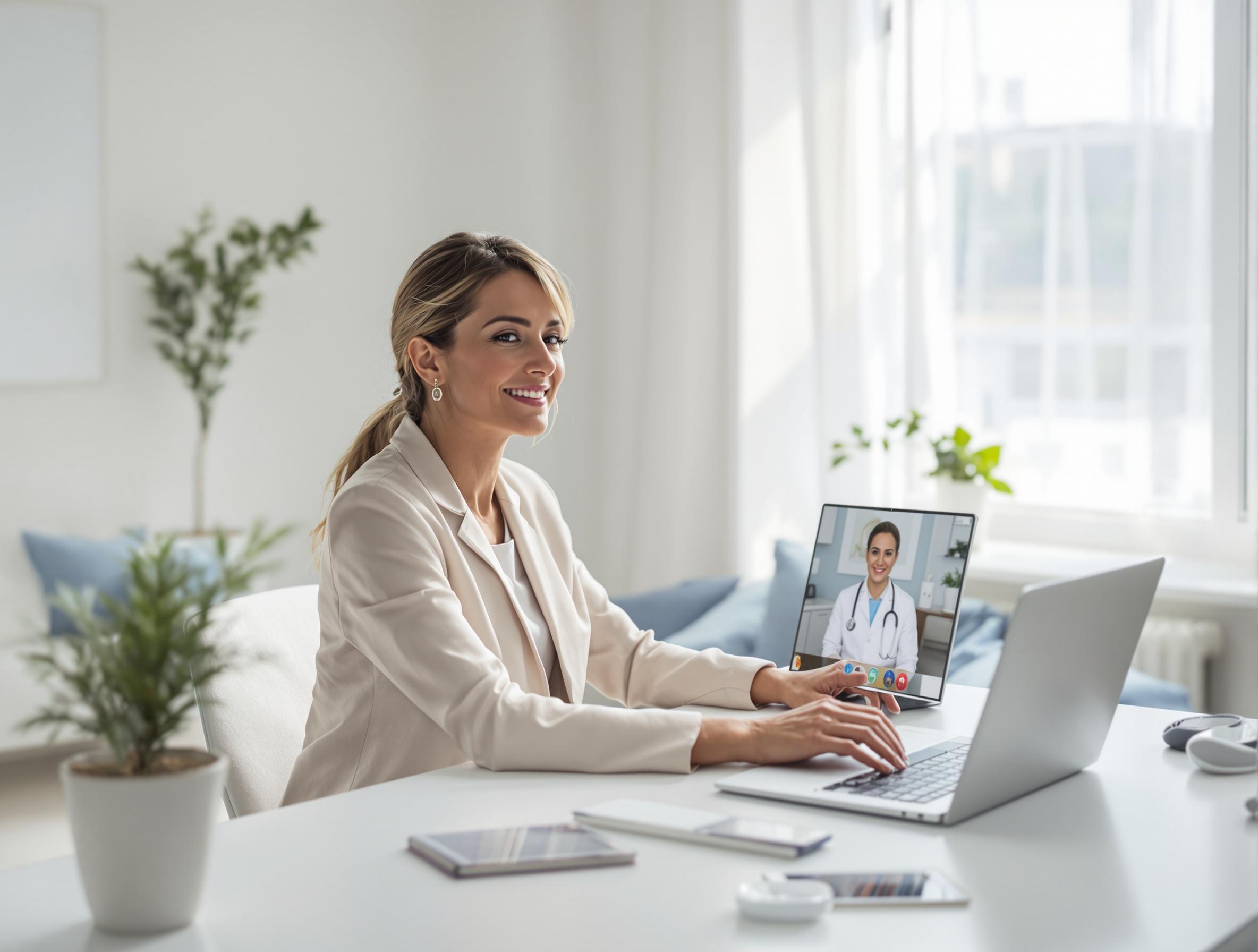 A woman in a light-colored suit sits at a desk, looking at a laptop screen displaying a video call with a doctor.