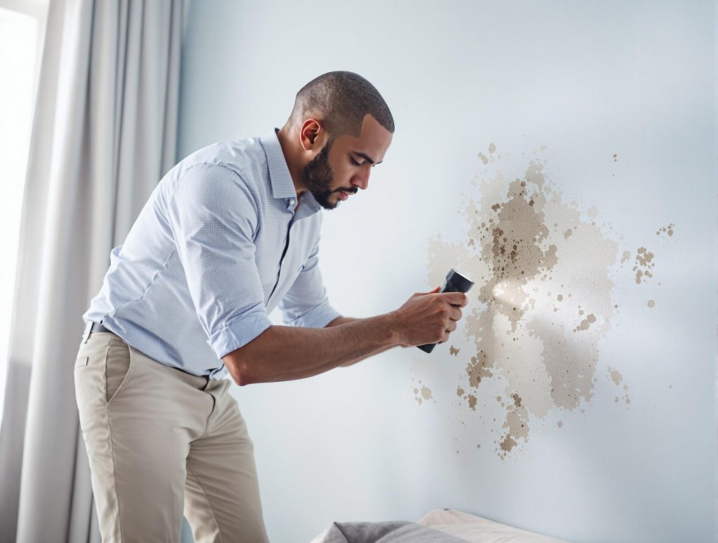 A man holding a flashlight while checking the molds in a wall.