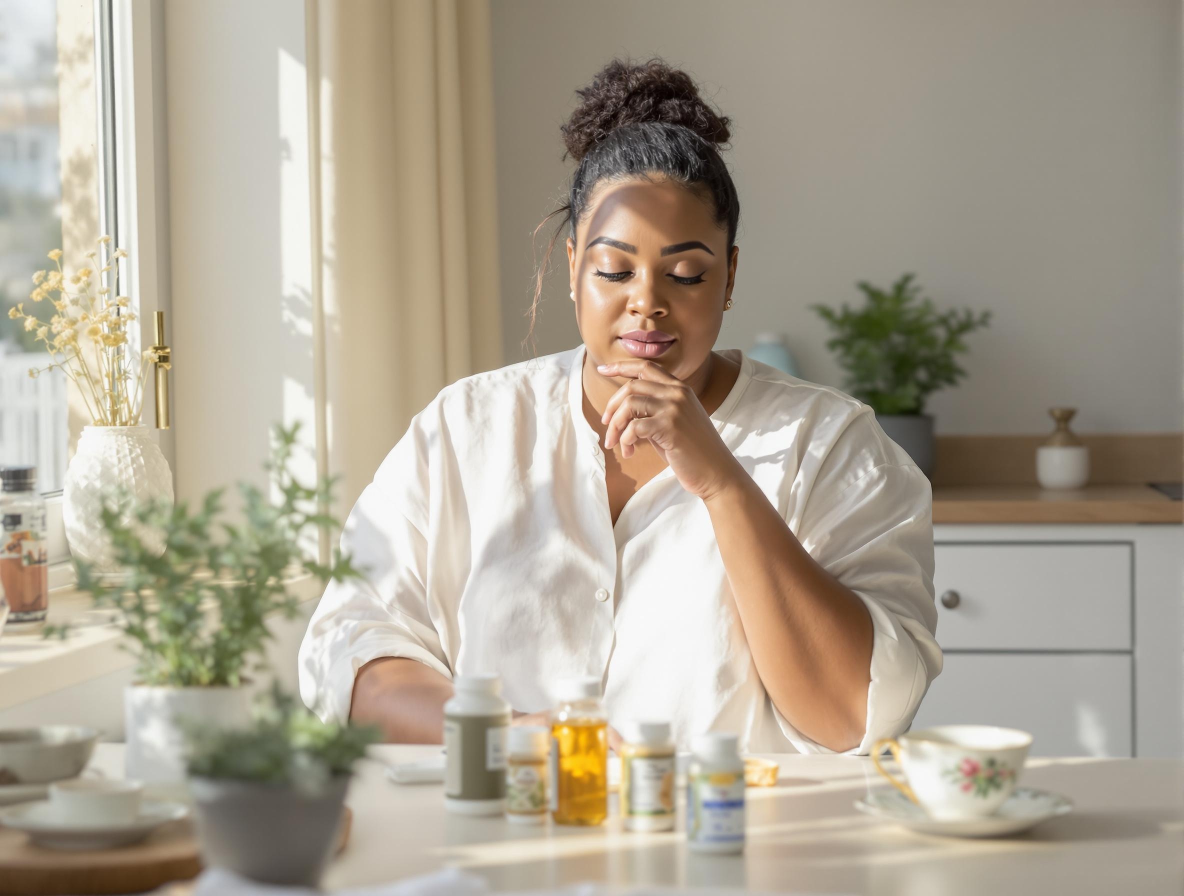 A woman sits at a sunlit table, contemplating a selection of pill bottles in front of her.