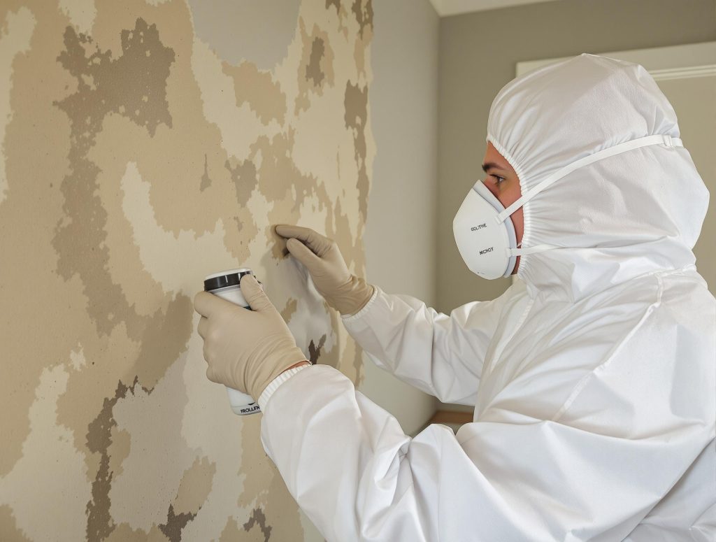 A person in protective clothing, including a white suit, gloves, mask, and hood, inspects a wall with mold damage.