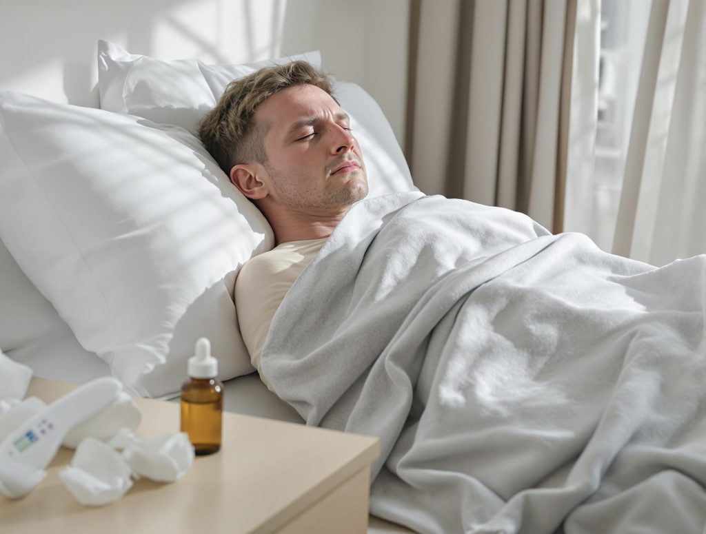 A person lies in bed appearing unwell, covered with a light gray blanket. A bedside table holds a digital thermometer, crumpled tissues, and a bottle of medicine.