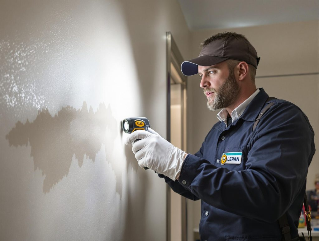 A man wearing a cap, gloves, and a work uniform uses a handheld device to inspect a damp and moldy wall in a room.