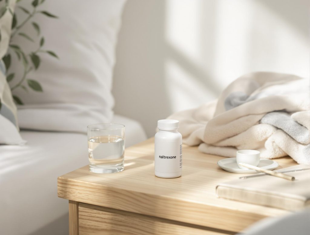 A white pill bottle labeled naltrexone sits on a wooden bedside table next to a glass of water, a small cup, and a cozy blanket.