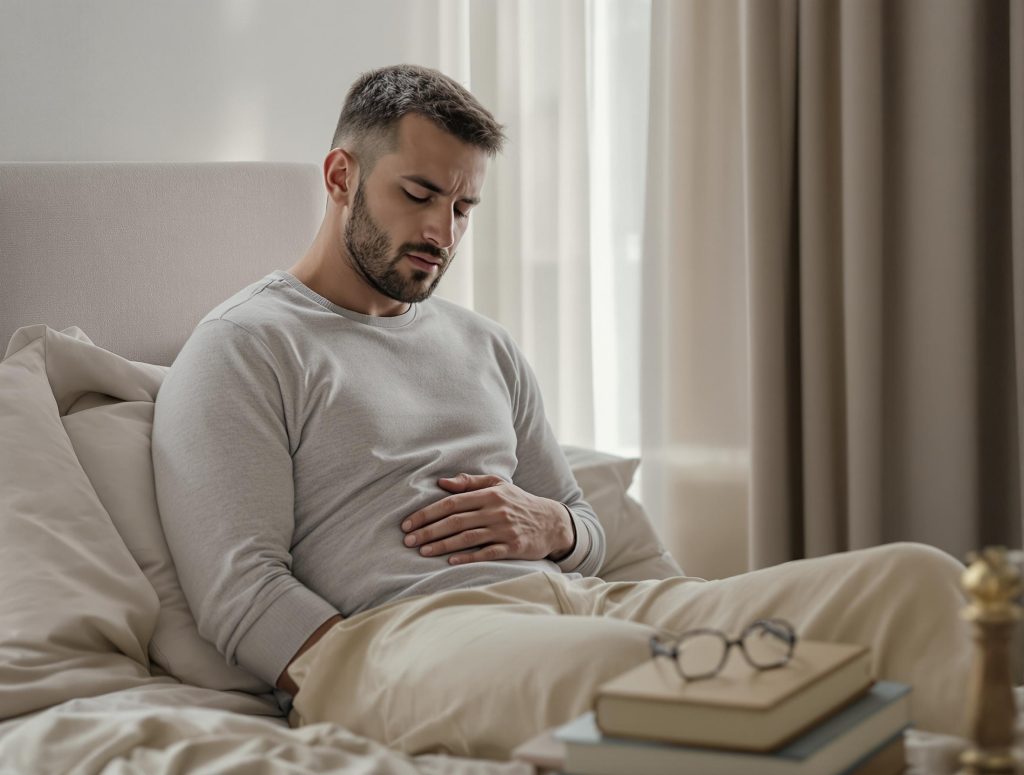 A man wearing a gray sweater and beige pants sits on a bed, holding his stomach with a pained expression.
