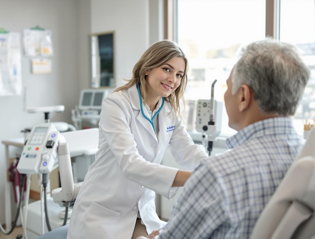 A healthcare professional in a white coat smiles while talking to an older man seated in a medical office.