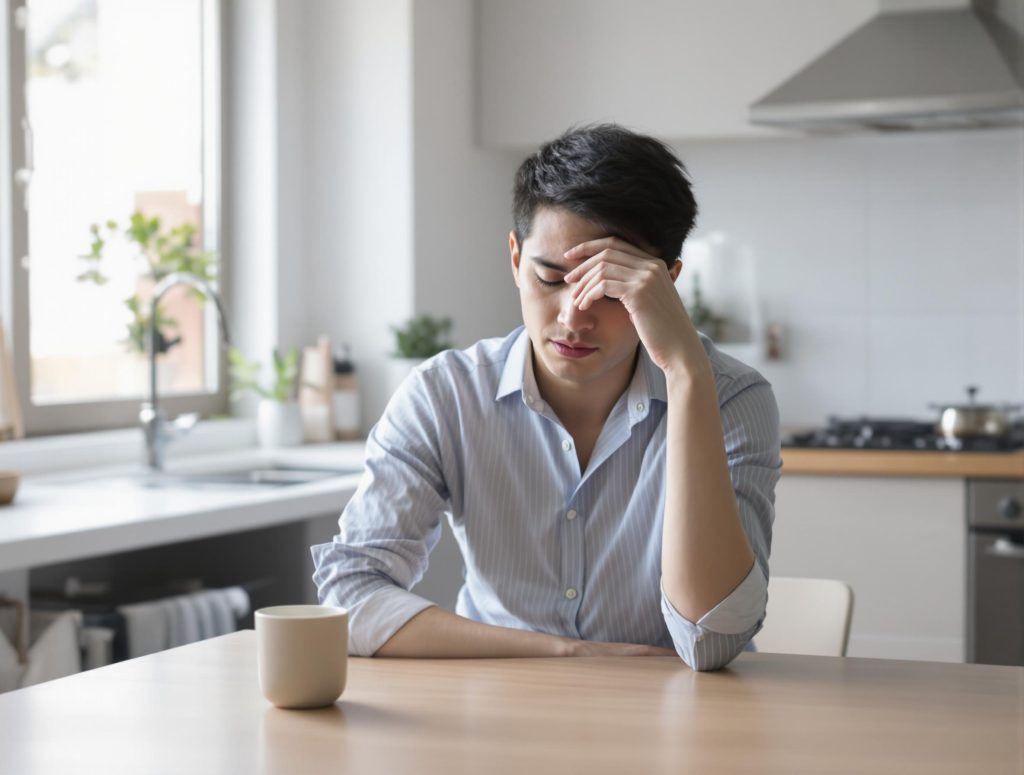 A person sits at a kitchen table with a mug in front of them, resting their head on their hand and appearing deep in thought or stressed.