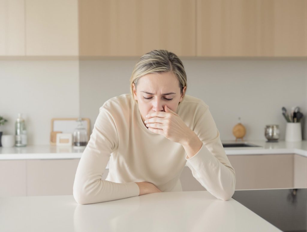 A person in a light sweater stands in a modern kitchen, leaning on a counter with one hand while covering their mouth with the other, appearing unwell.