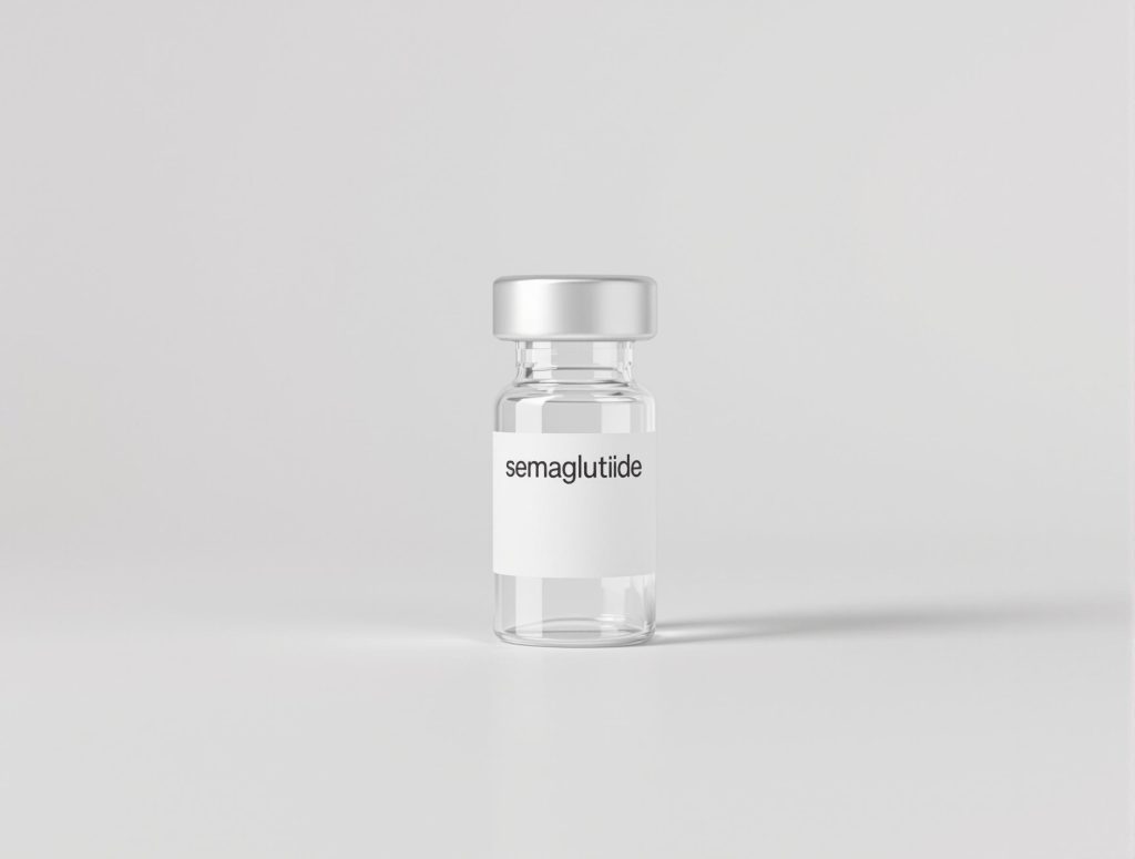 Clear vial with a white label reading semaglutide against a minimalist white background.