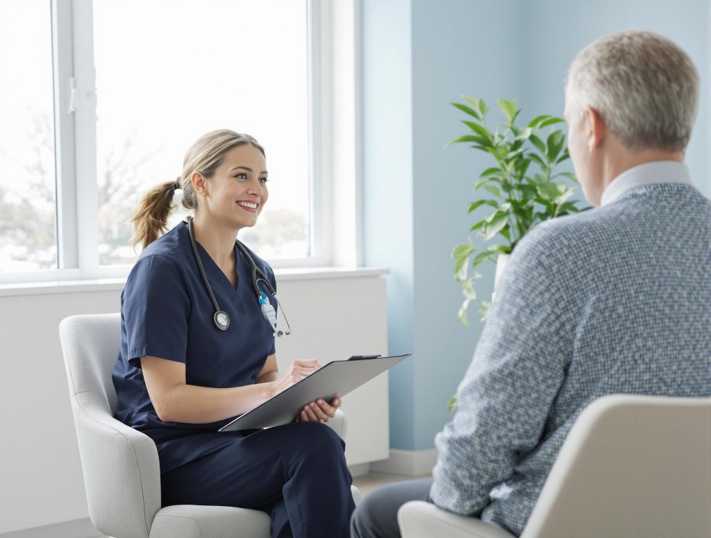 A healthcare professional in navy scrubs is smiling while discussing with a seated person in a light sweater.