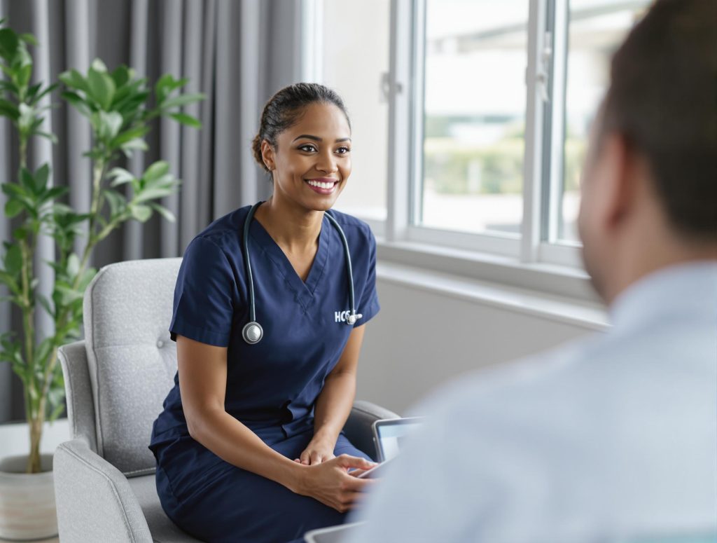 A healthcare professional in navy scrubs sits and smiles during a conversation with a seated person.