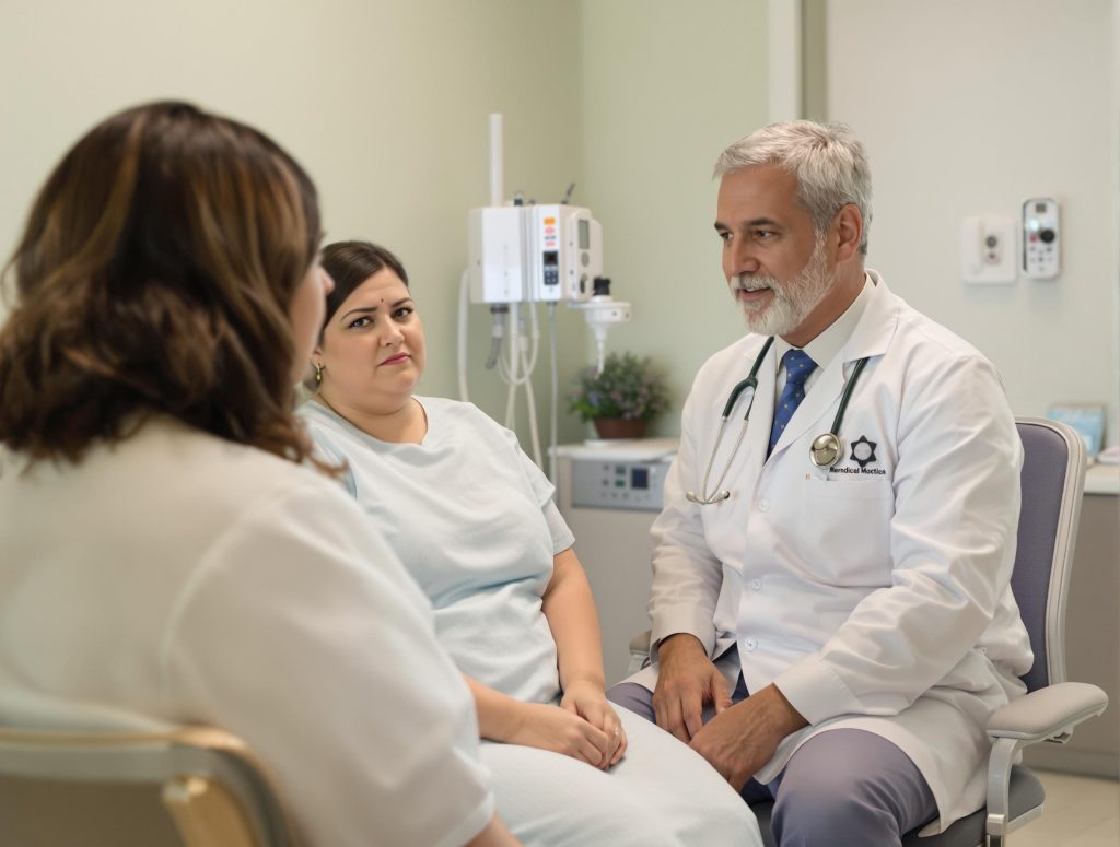 A doctor with a stethoscope is sitting and talking to two women in a medical examination room.