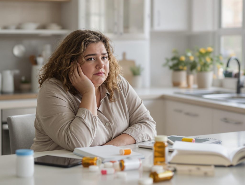 A person with curly hair sits at a kitchen table looking concerned.
