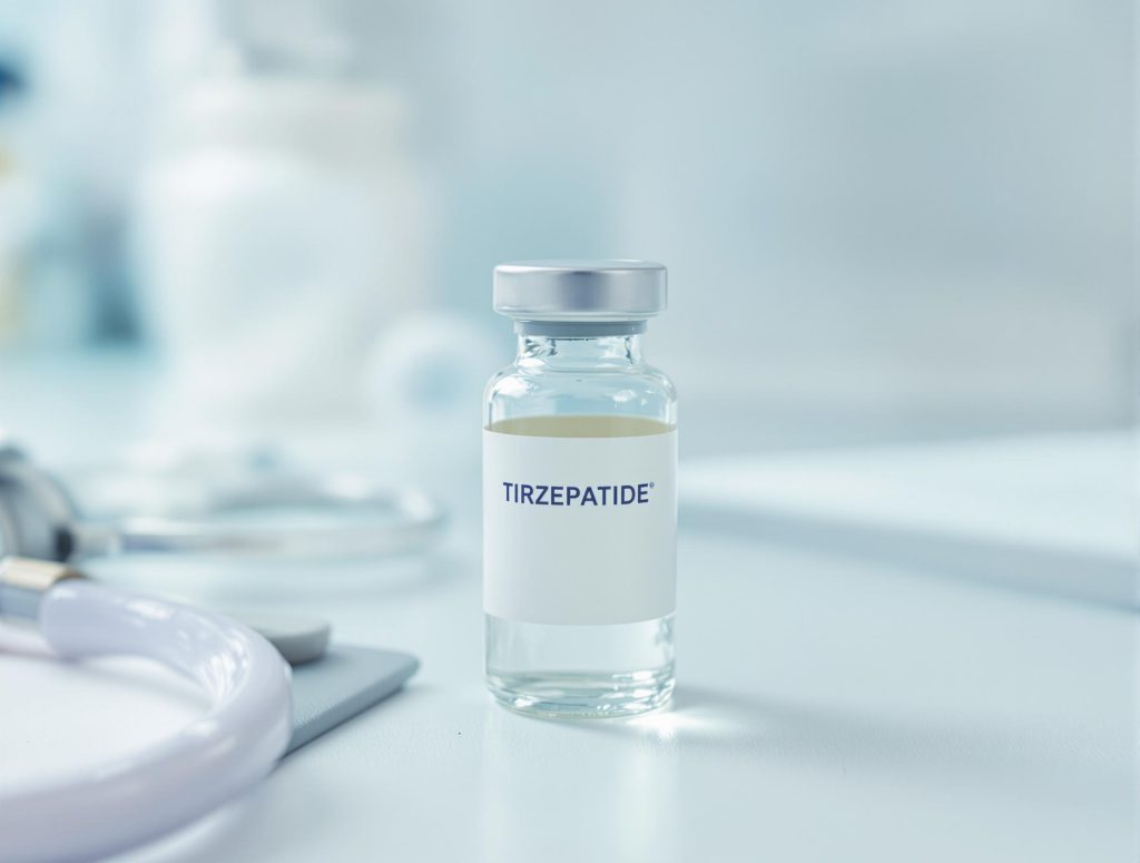 A small glass vial labeled TIRZEPATIDE is centered on a light-colored surface.