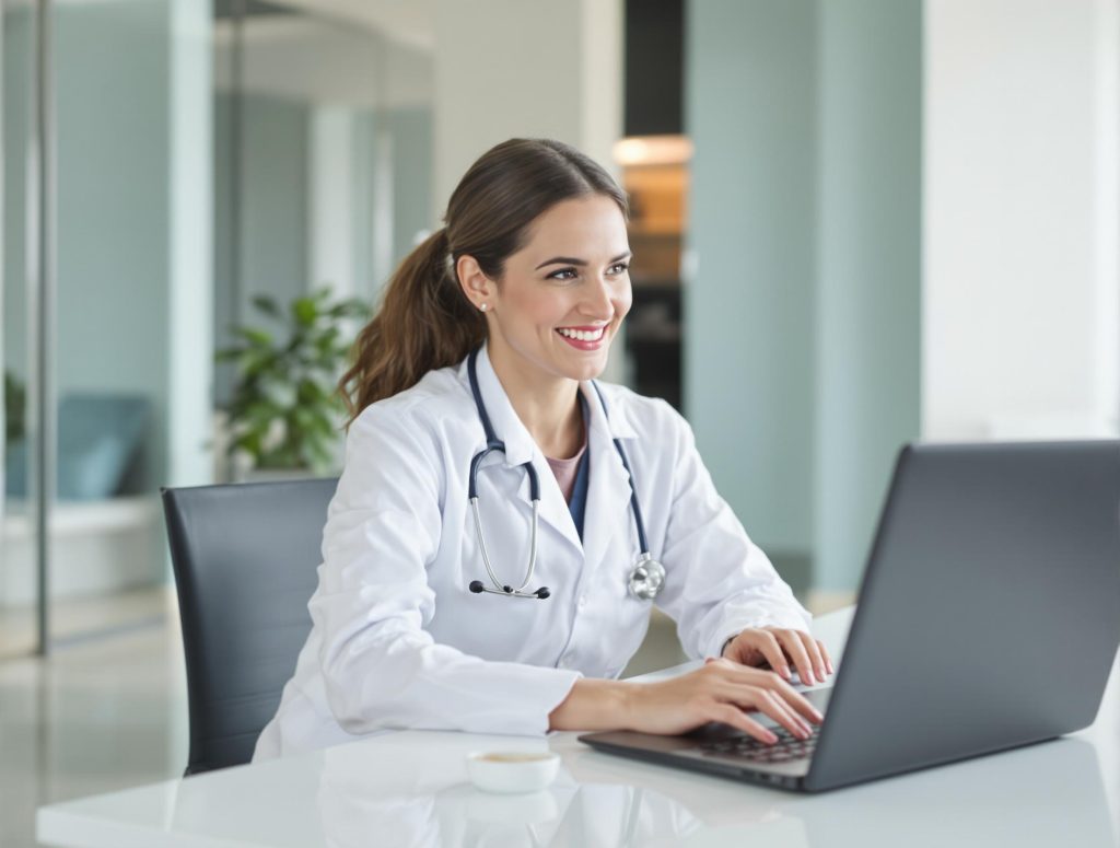 A doctor in a white coat and stethoscope sits at a desk typing on a laptop. She is smiling, and the background shows an office with blurred plants and glass partitions.