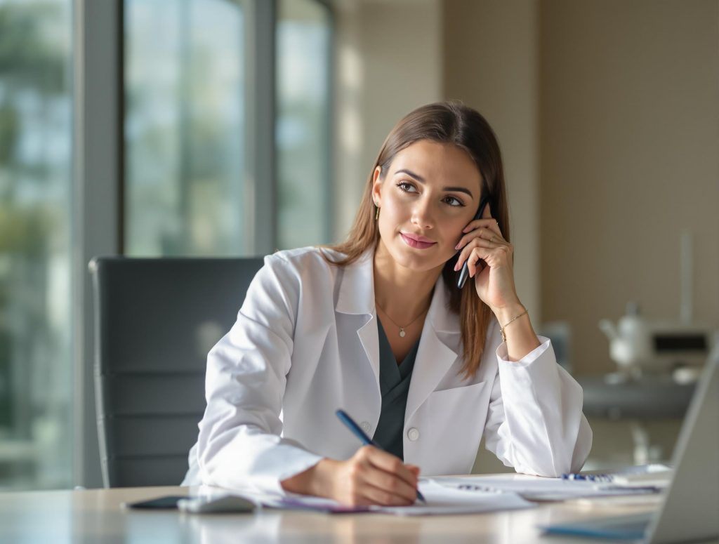 A woman in a white coat is sitting at a desk, talking on a smartphone. She is writing notes on a notepad with a pen.