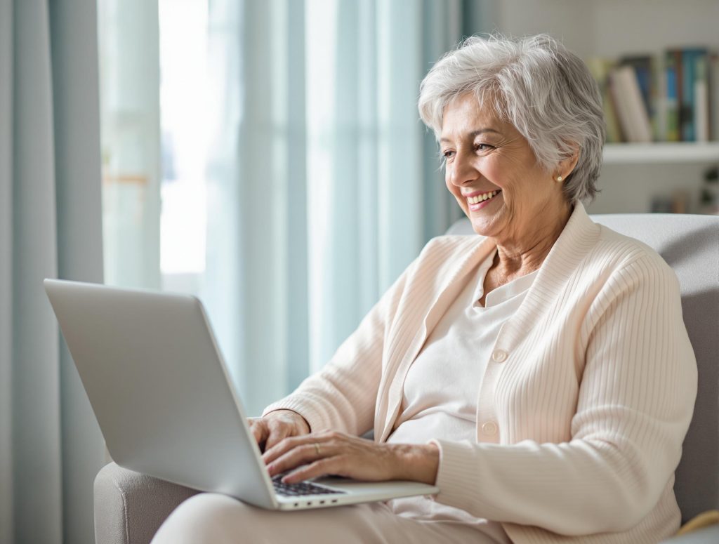 Elderly woman with short gray hair smiling while using a laptop.