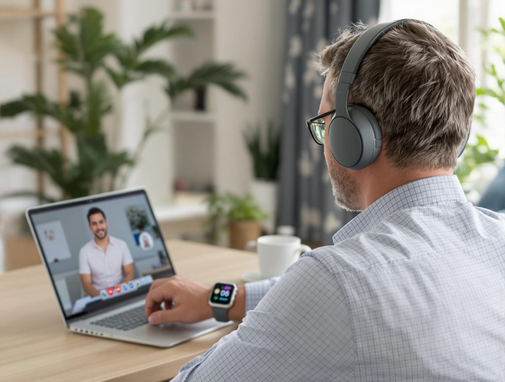 A man wearing headphones sits at a table, using a laptop for a video call.