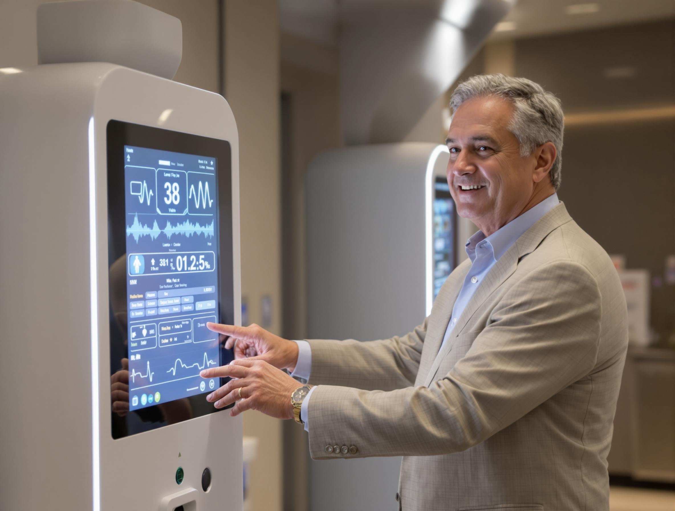 A man in a suit interacts with a touchscreen displaying vital signs, such as heart rate and blood pressure.