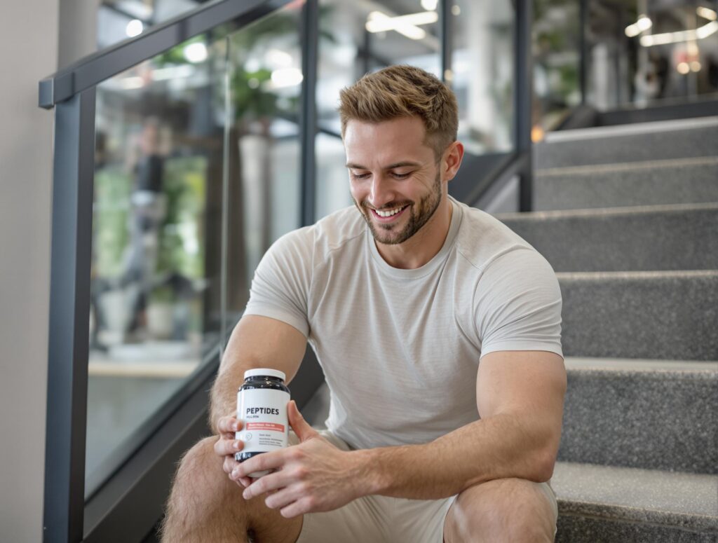 Male athlete seated on gym steps holding a 'Peptides' bottle, reflecting post-workout satisfaction and wellness