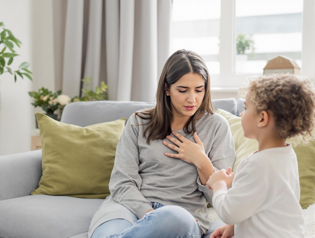 A young mother seated in a living room clutching her chest, with her child looking up at her with a concerned expression.
