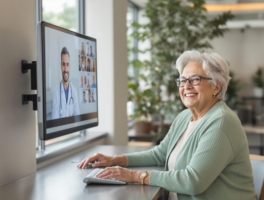A senior woman smiling and participating in a telehealth call through a large wall-mounted monitor at a community center, appearing warm and engaged.