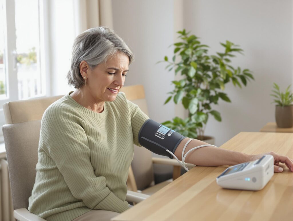 A middle-aged woman sitting at a dining table, focused on checking her blood pressure with a digital monitor, reflecting concern and attentiveness.