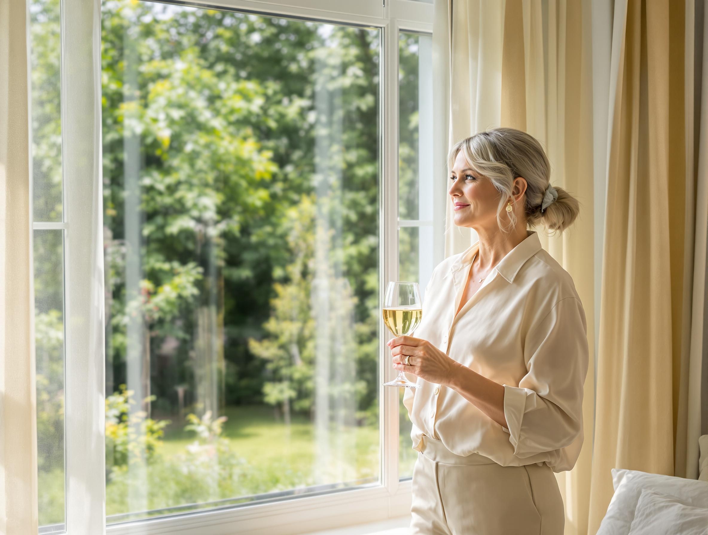 A woman in her 40s enjoying a quiet moment by the window, holding a glass of white wine with natural light filtering in.
