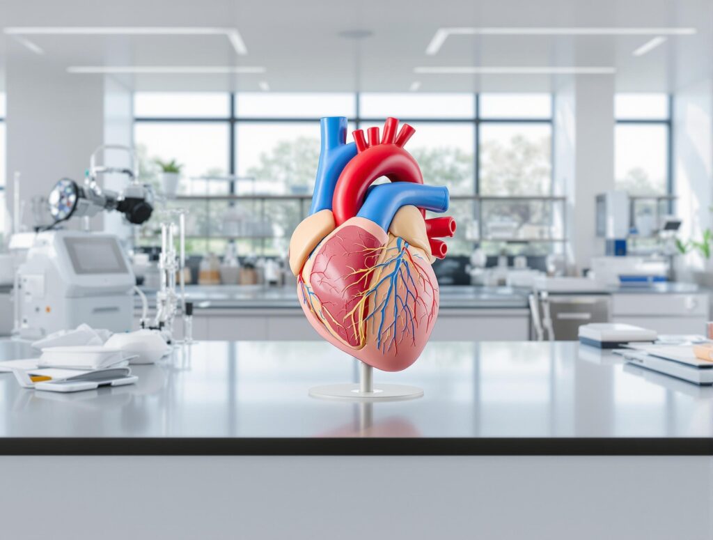 A detailed anatomical heart model displayed on a lab table, capturing educational details in a bright and clinical setting.