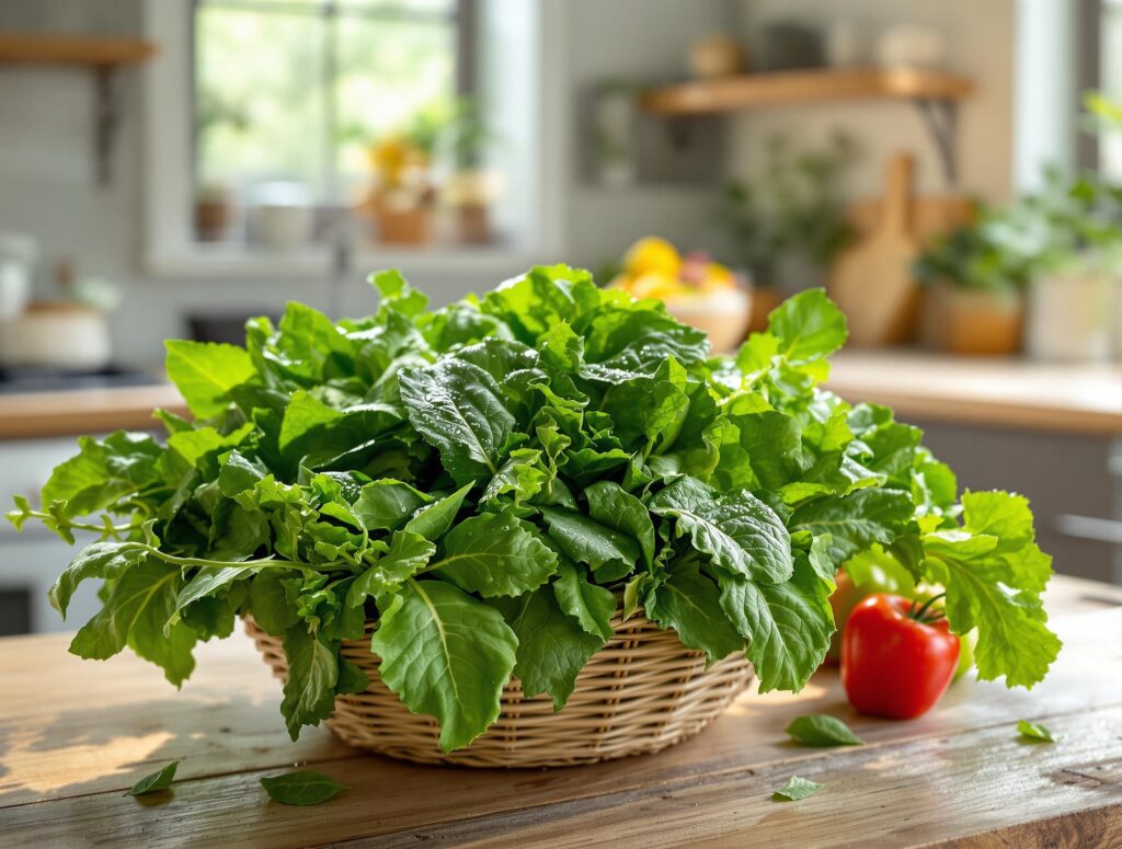 A close-up of a basket overflowing with various fresh leafy greens, including spinach, kale, and lettuce, on a rustic kitchen table.