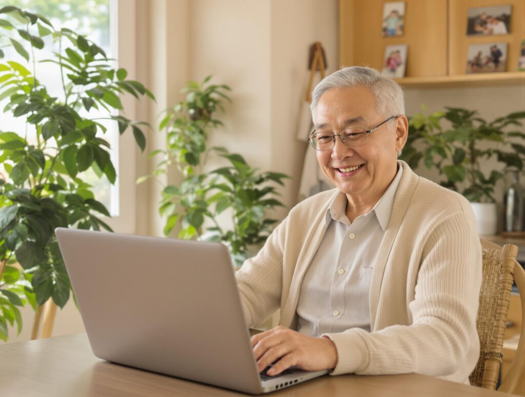 An elderly Asian person comfortably using a laptop for a telehealth session at a kitchen table, surrounded by family photos and plants.