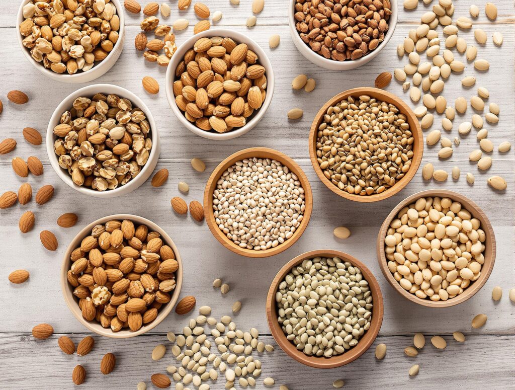A close-up shot of a variety of nuts and seeds, including almonds, walnuts, chia seeds, and sunflower seeds, arranged in small bowls on a textured wooden table.