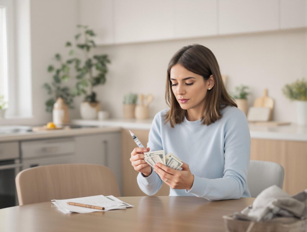 A woman sitting at a table, holding a semaglutide shot and cash, thoughtfully comparing options while in contemplation about investing in health.