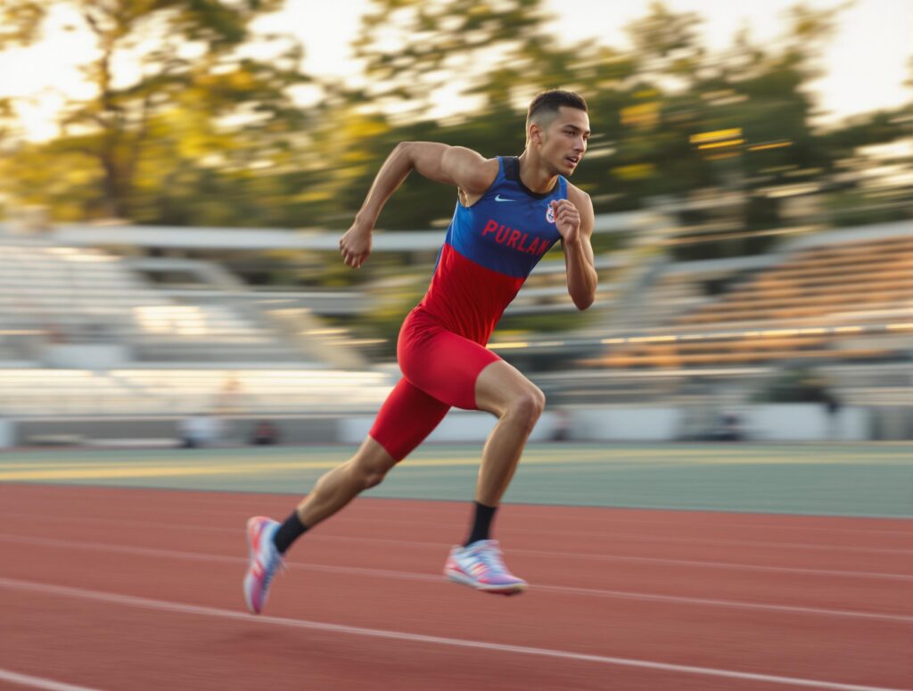 A young athlete in mid-sprint on an outdoor track field, captured with motion blur to highlight their speed and determination. The athlete wears a bold red and blue athletic outfit, with a focused expression and dynamic pose. The late afternoon sunlight casts warm tones, with a blurred background of greenery and stadium seating.